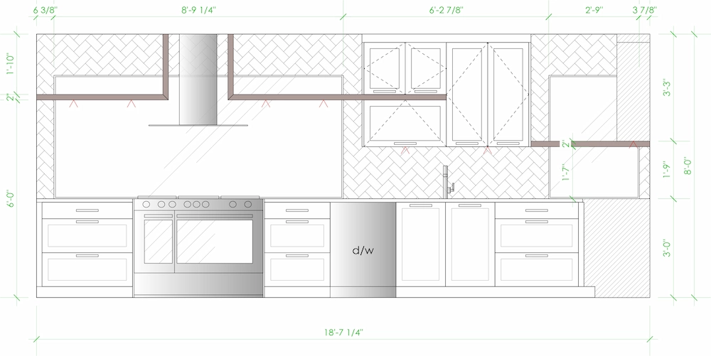 Architectural kitchen elevation drawing showing upper and lower cabinets, stove, range hood, dishwasher, sink, shelves, and tile backsplash with measurements and dimensions labeled in green above and beside the layout.