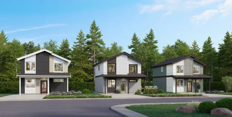 Three modern two-story houses with large windows and neutral colors are lined up along a quiet street, with green trees and a clear blue sky in the background.